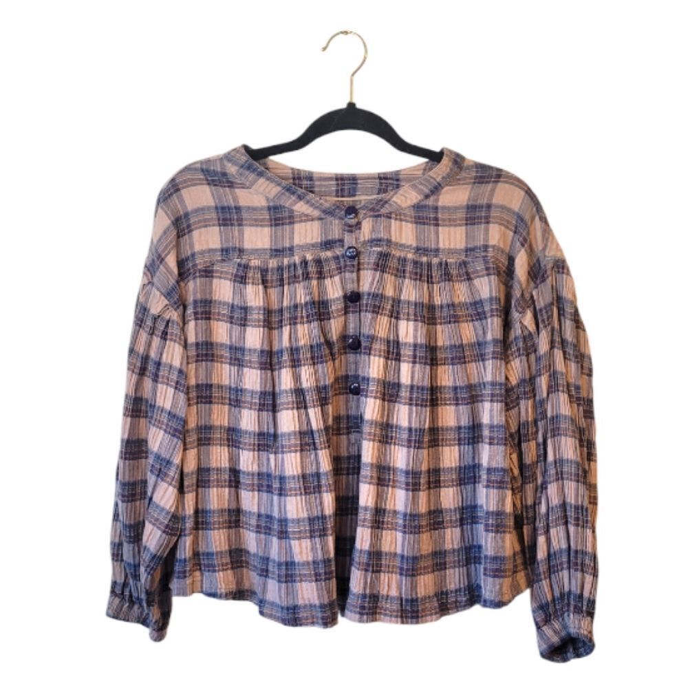 Free People Plaid Pleated Peasant Blouse
